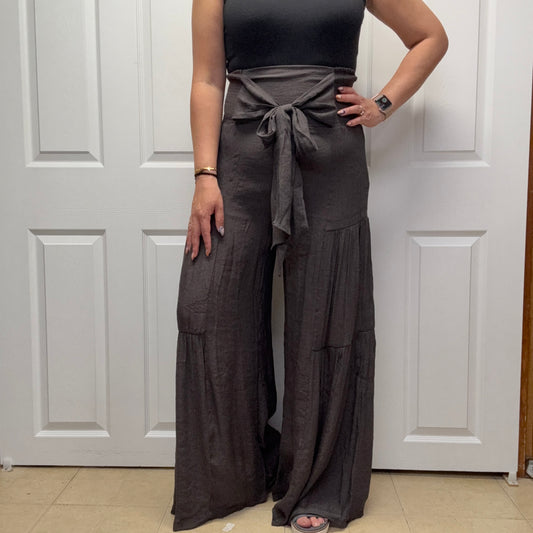 Tie Front Ruched Waist Back Pants