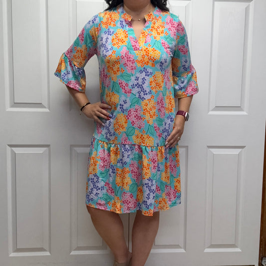 Floral Print Shirred Tiered 3/4 Sleeve Dress