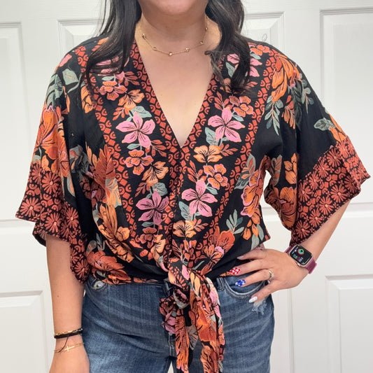 V Neck Kimono Sleeve Tie Waist Blouse