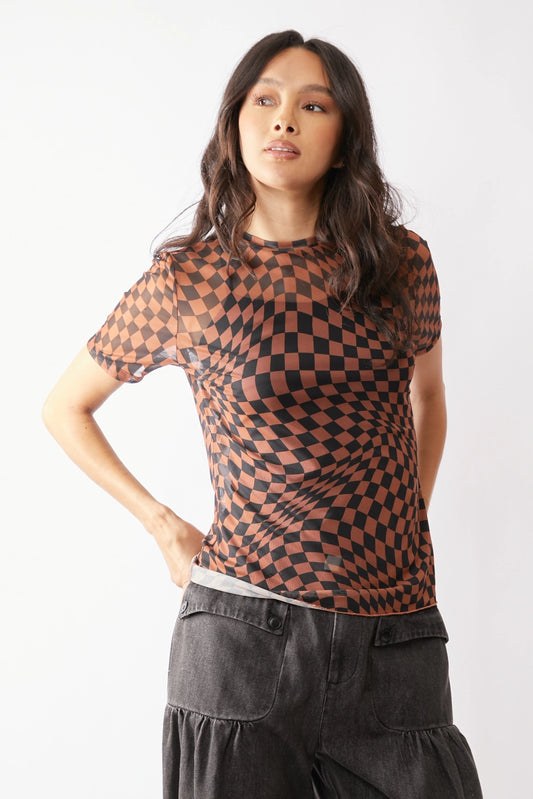 Black and Brown Checkerboard Printed Short Sleeve Mesh Top