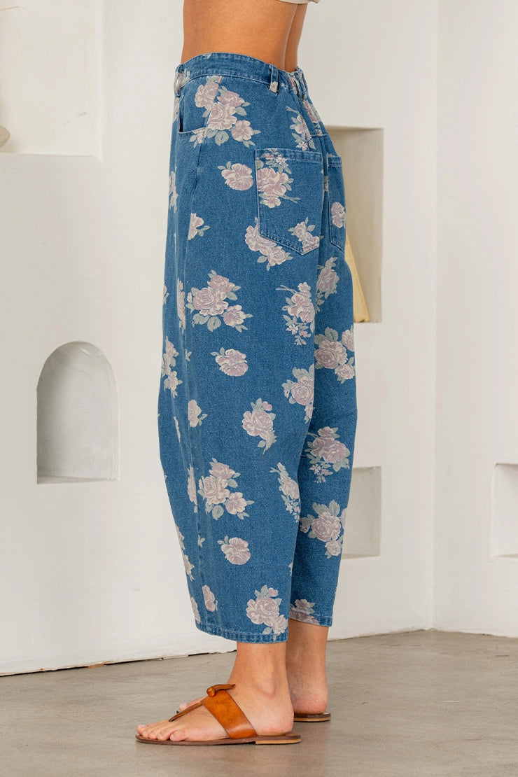 Relaxed Fit Floral Denim Wide Leg Pants