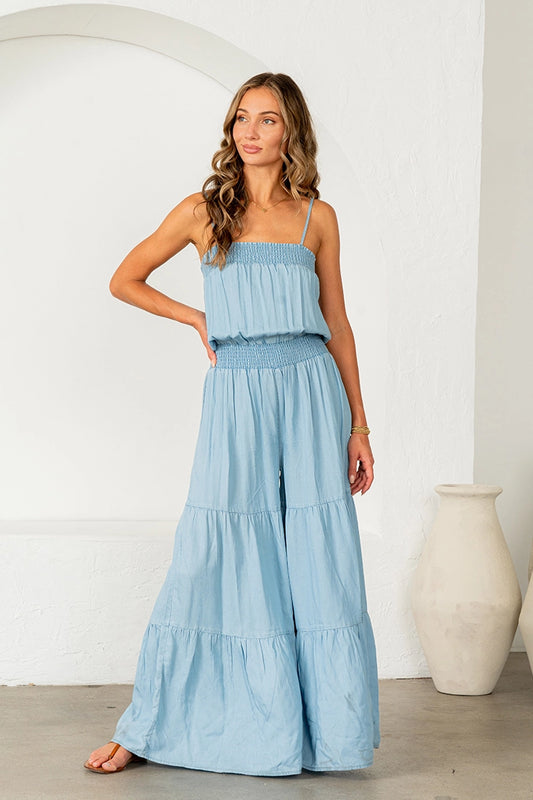 Relaxed Fit Smocked Tiered Wide Leg Jumpsuit