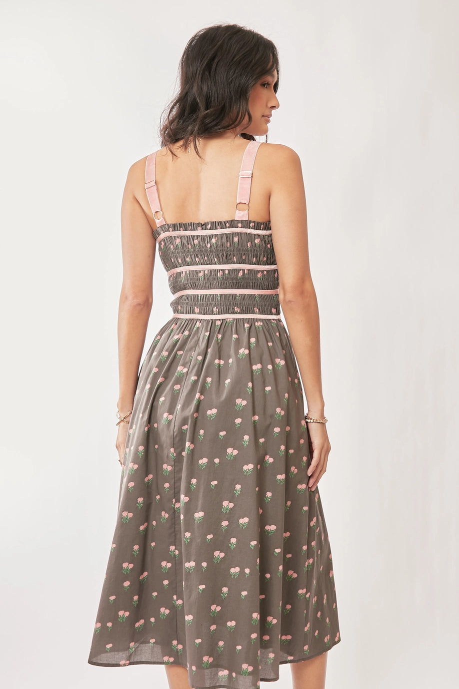 Contrast Velvet Tape Smocking Bodice Midi Dress