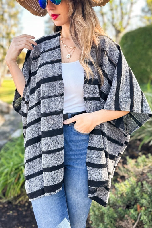 Black Stripe Print Knitted Kimono Cardigan Cover Up