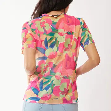 Flower Printed Mesh Short Sleeve Top