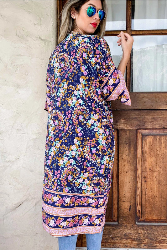 Navy Floral Border Printed Short Sleeve Kimono