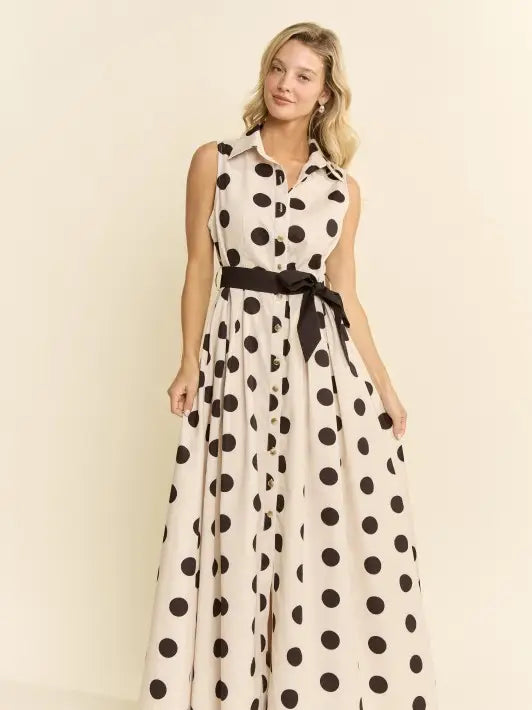 Polka Dot Button Down Belted Shirt Dress