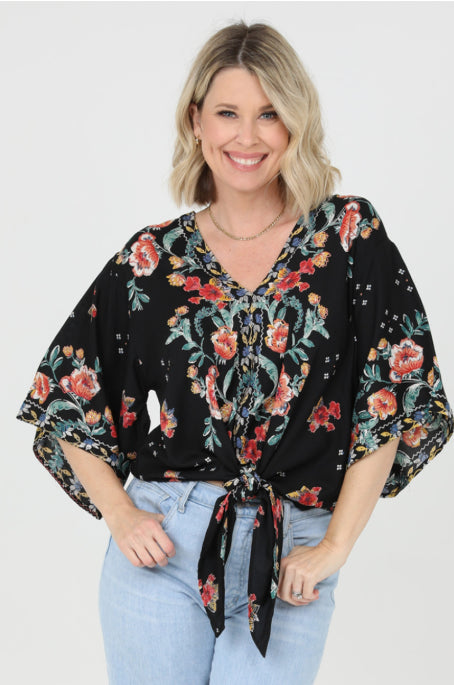 V Neck Kimono Sleeve Tie Waist Blouse