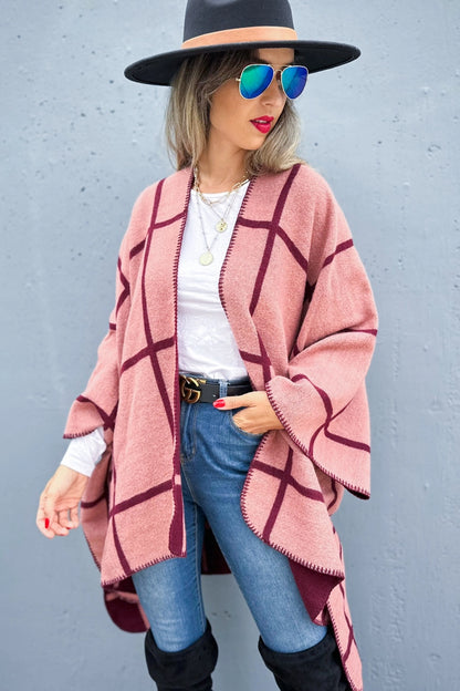 Dual-Tone Check Printed Cozy Reversible Ruana