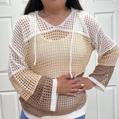 Open Knit Color Block Hoodie Sweater