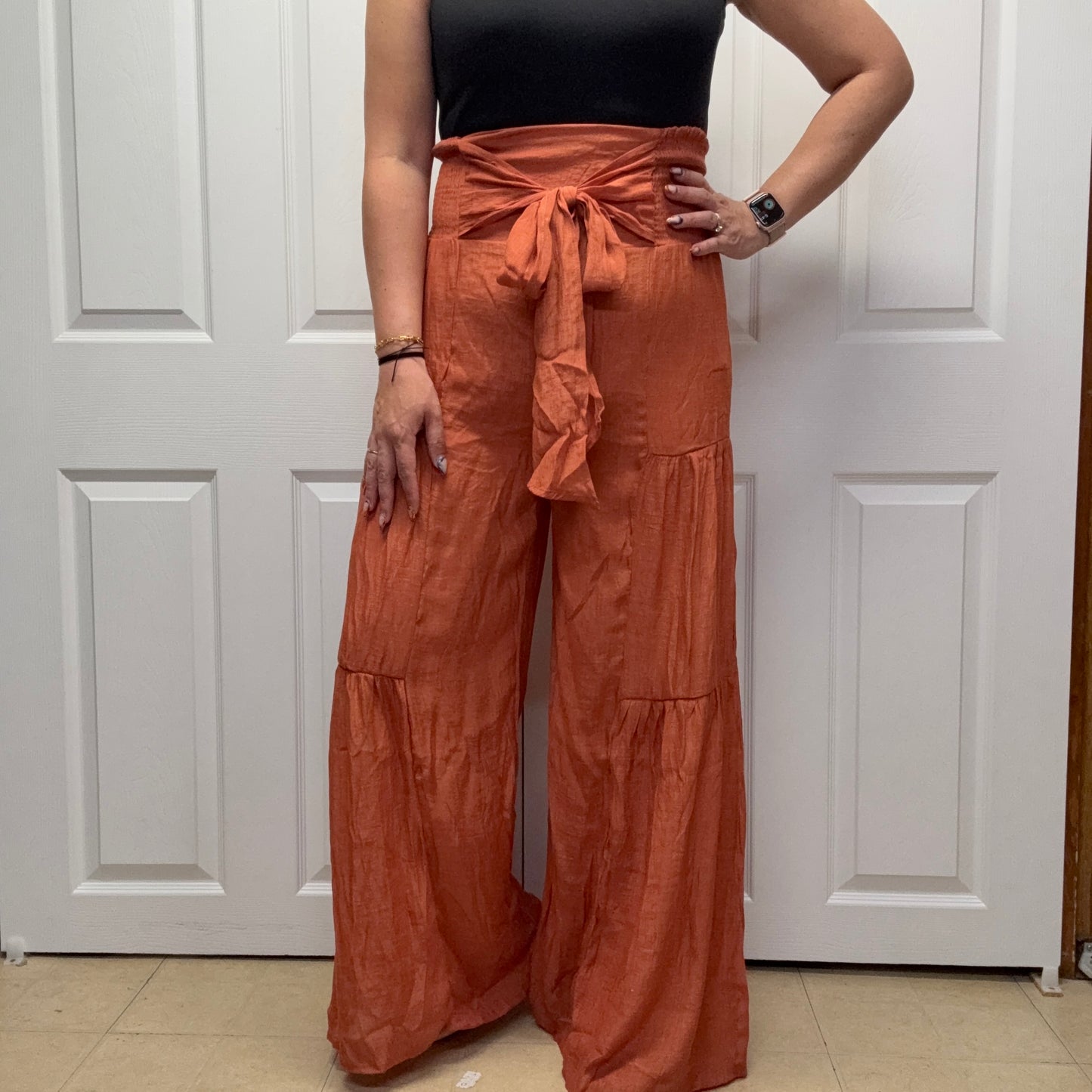 Tie Front Ruched Waist Back Pants