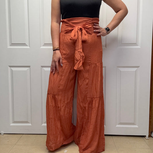 Tie Front Ruched Waist Back Pants