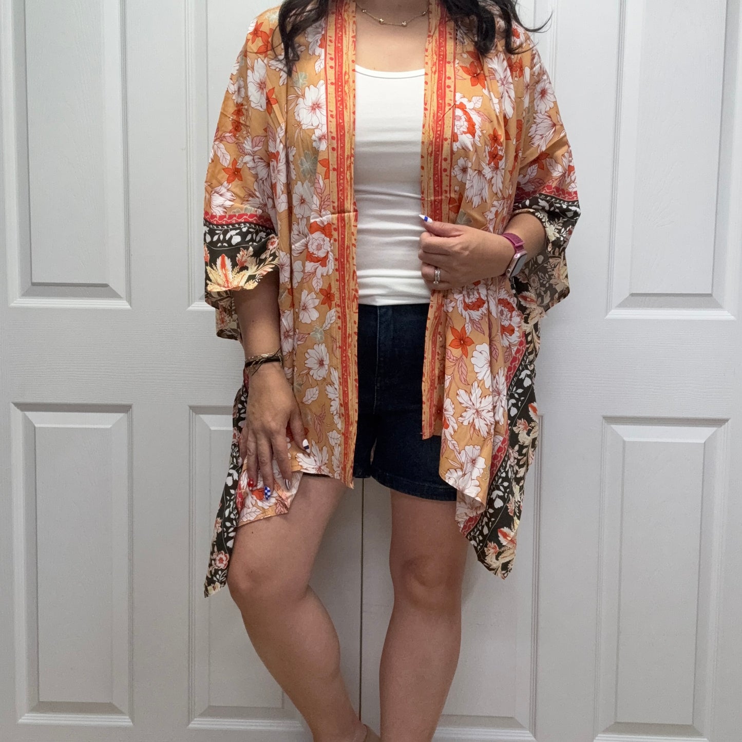 Peach Boho Floral Border Printed Lightweight Kimono
