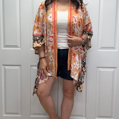 Peach Boho Floral Border Printed Lightweight Kimono