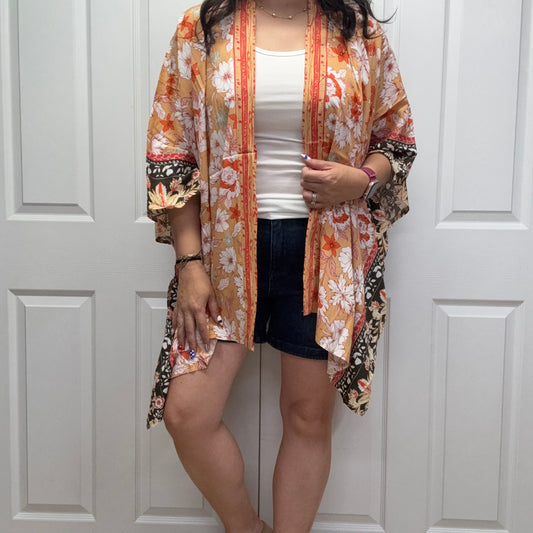 Peach Boho Floral Border Printed Lightweight Kimono