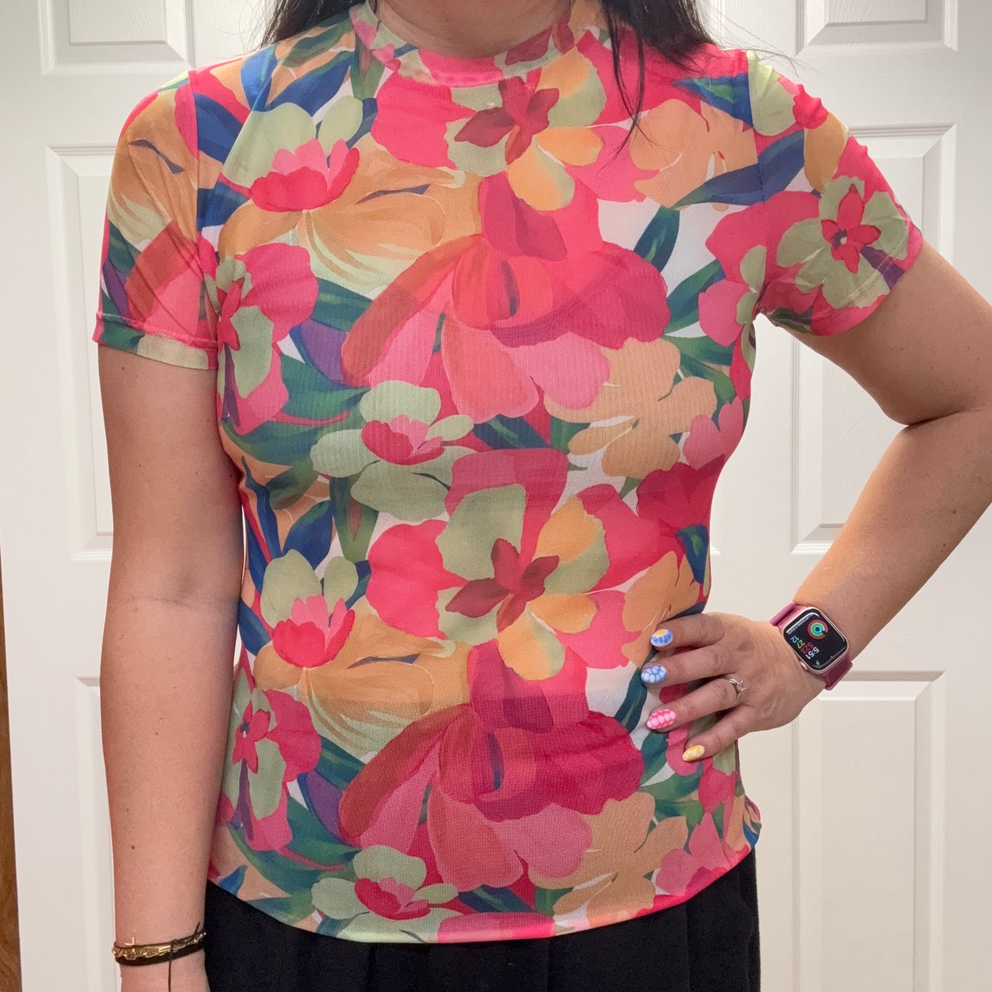 Flower Printed Mesh Short Sleeve Top