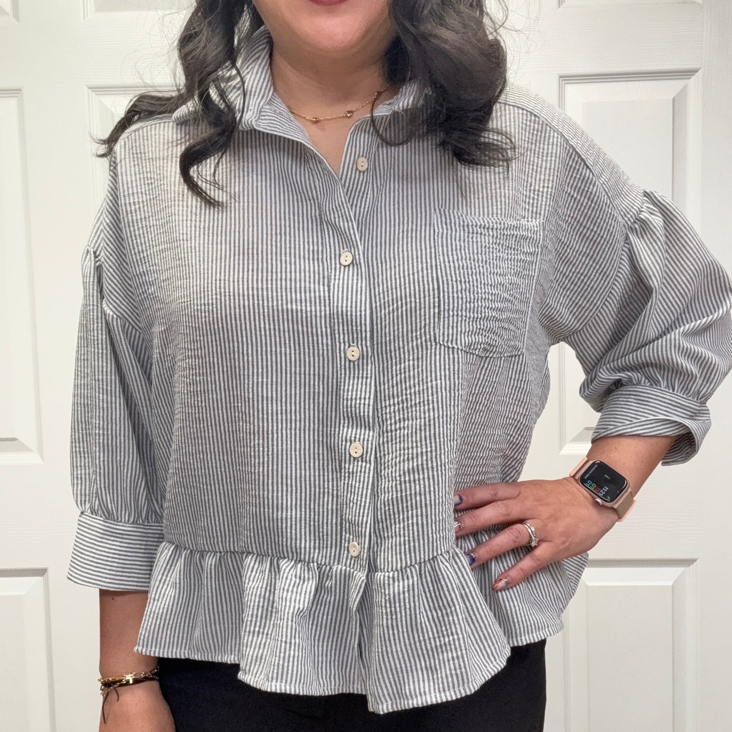 3/4 Sleeves Striped Shirt with Ruffle Hem