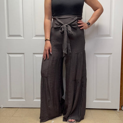 Tie Front Ruched Waist Back Pants