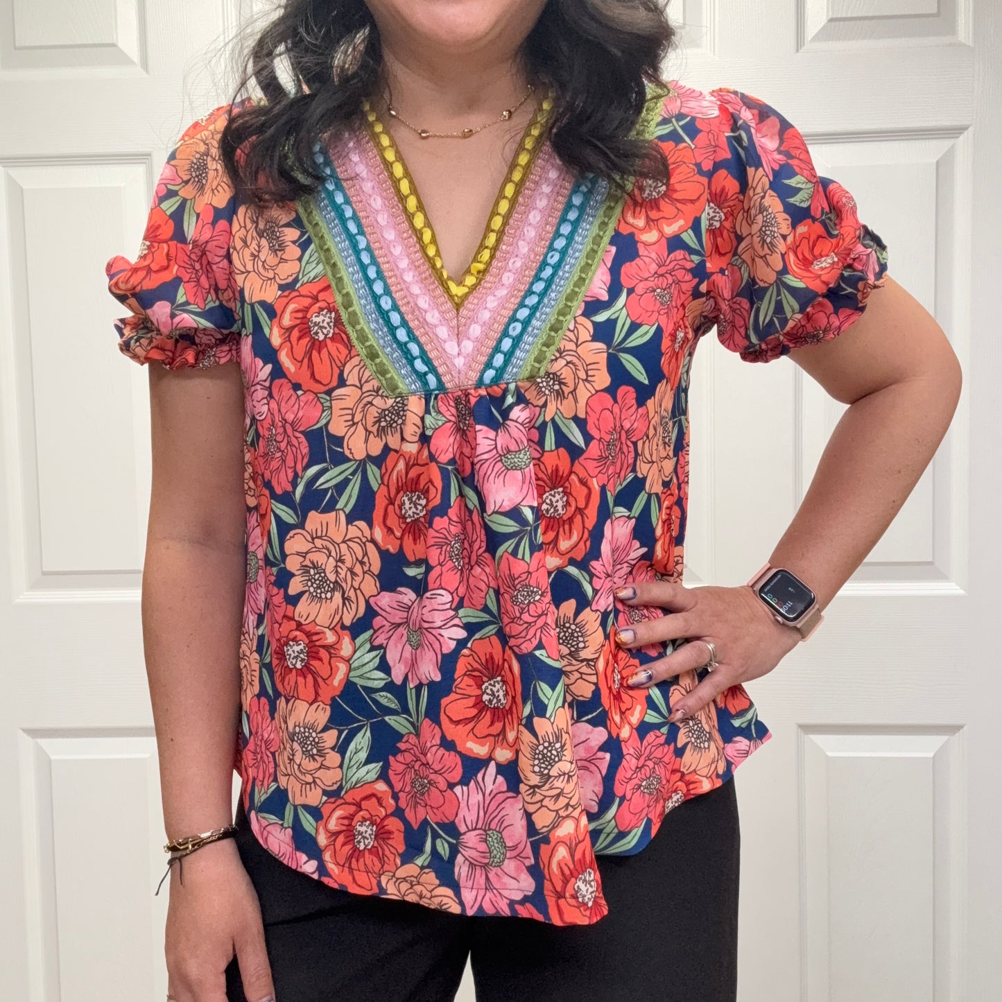 Relaxed Fit Floral Embroidered V Neck Top