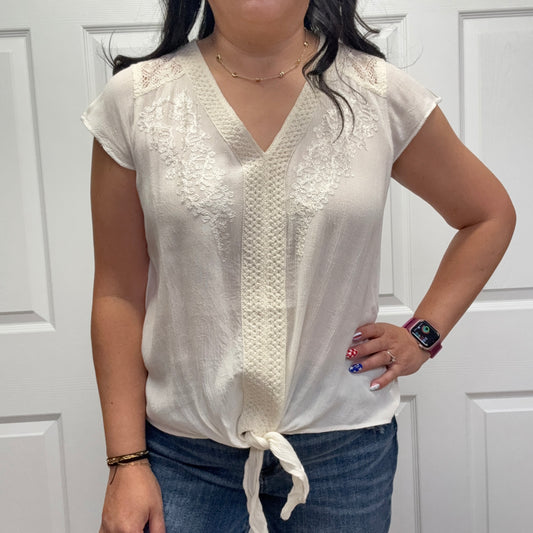 V Neck Tie Waist Top with Embroidery and Lace