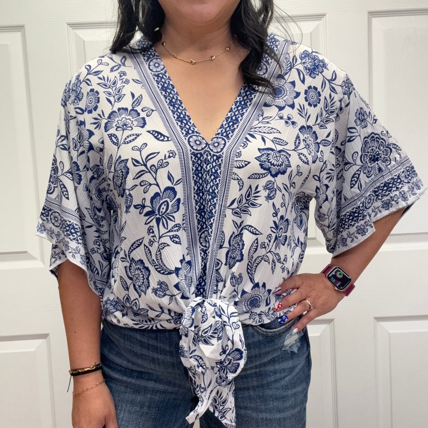 V Neck Kimono Sleeve Tie Waist Blouse