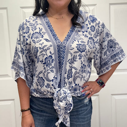 V Neck Kimono Sleeve Tie Waist Blouse