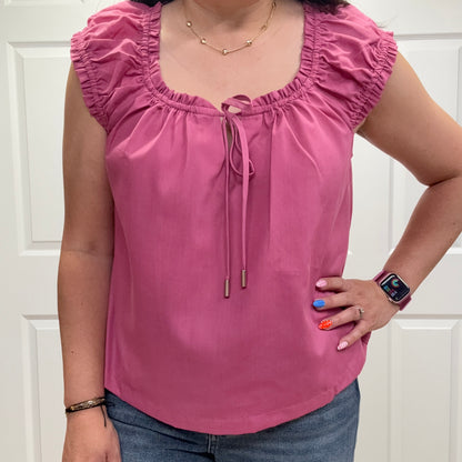 Solid Poplin Cap Sleeve Blouse