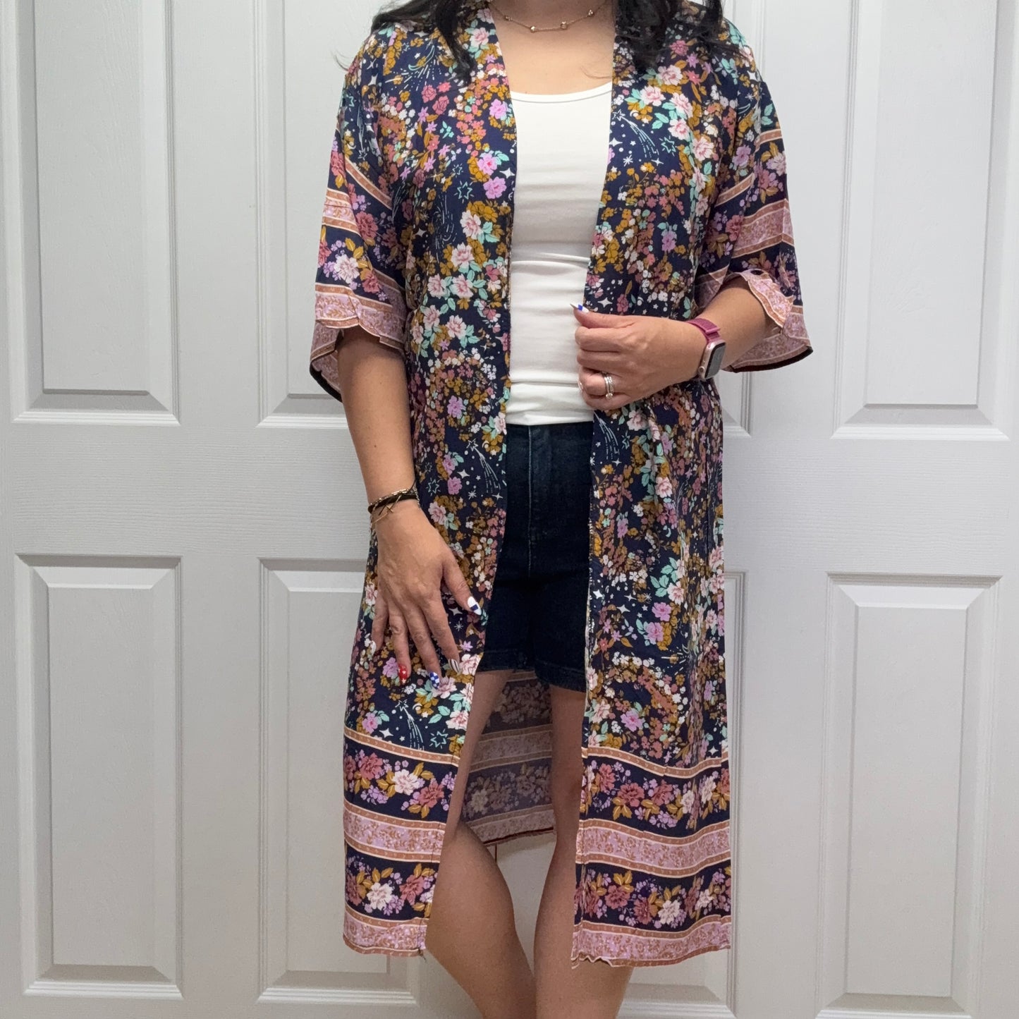 Navy Floral Border Printed Short Sleeve Kimono