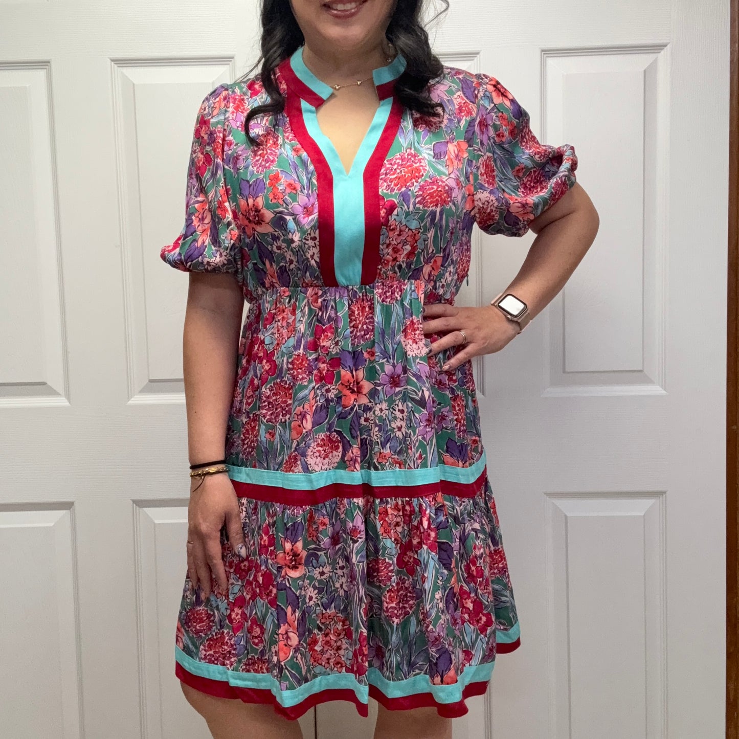 Floral Print Tiered Mini Dress with Puff Sleeves