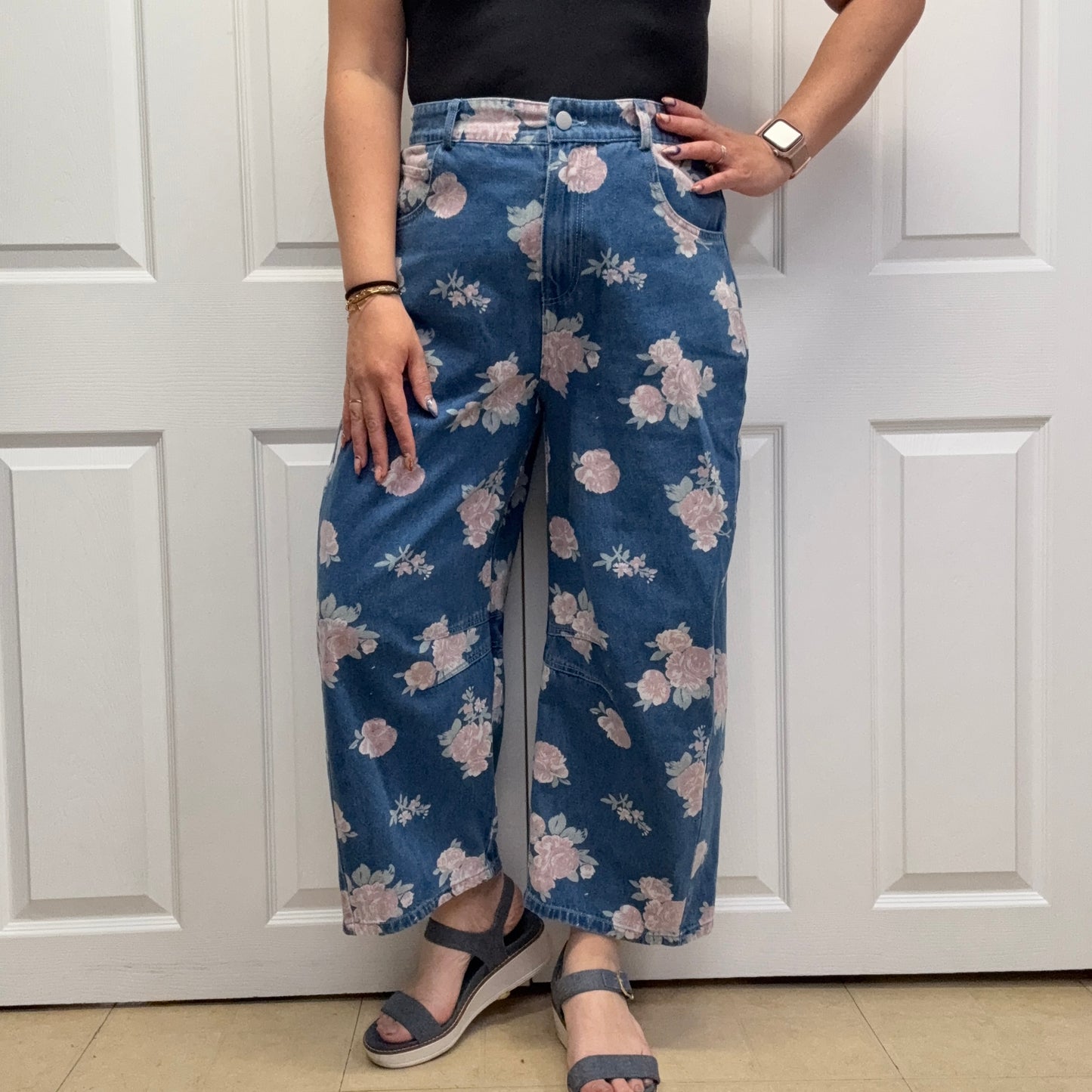 Relaxed Fit Floral Denim Wide Leg Pants