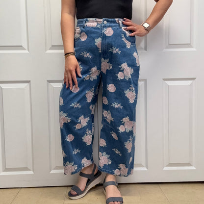 Relaxed Fit Floral Denim Wide Leg Pants