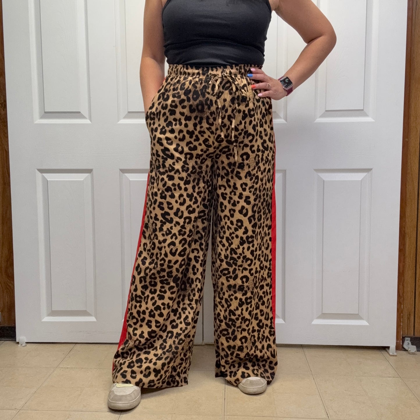 Leopard Printed Pants with Red Stripe