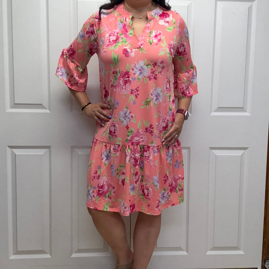Floral Print Shirred Tiered 3/4 Sleeve Dress