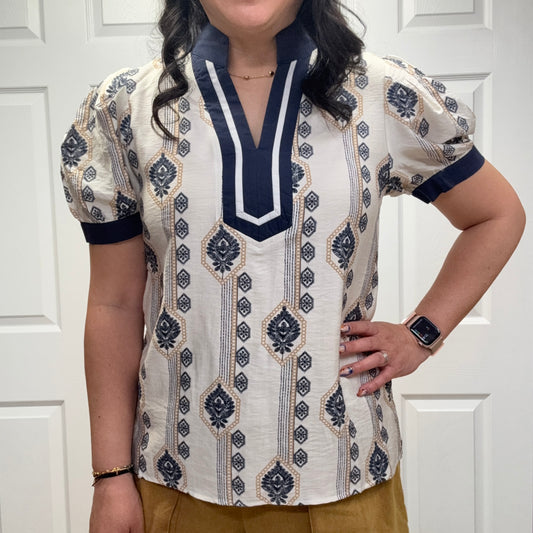 Relaxed Fit Geometric Print Notch Neck Top