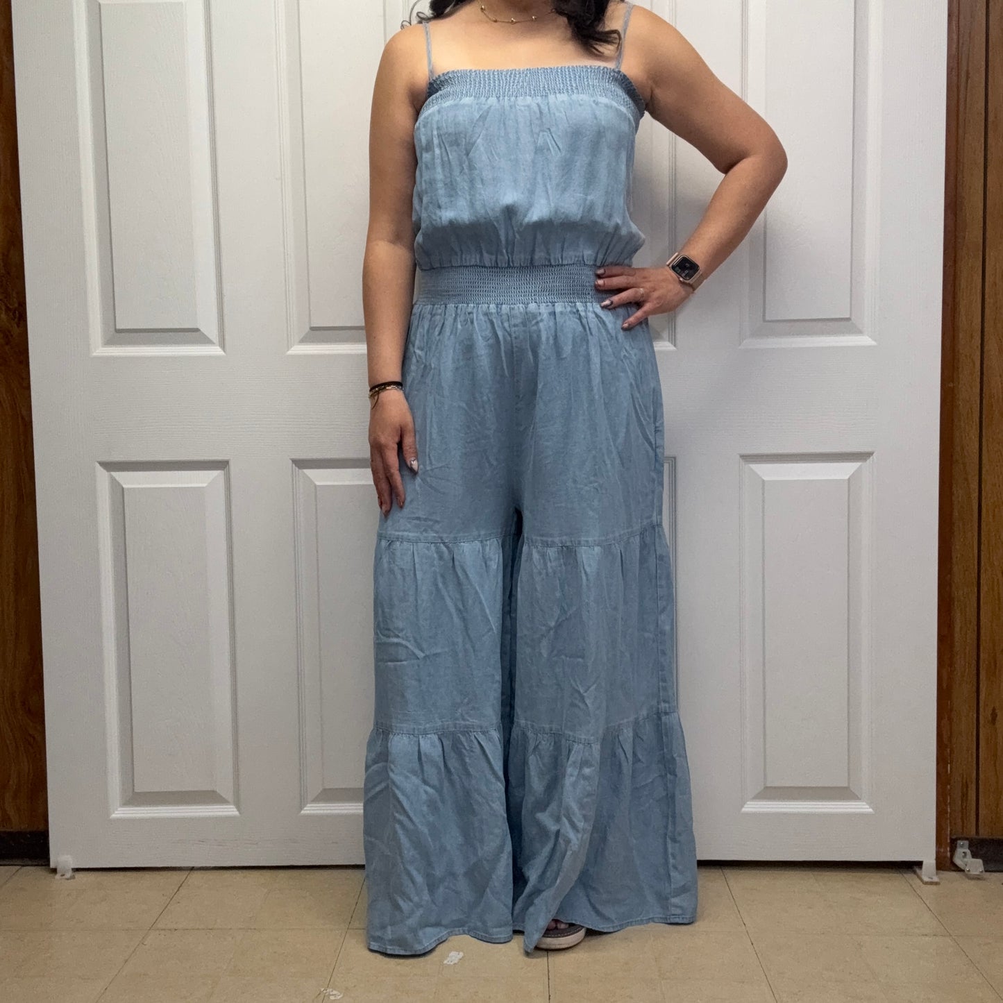 Relaxed Fit Smocked Tiered Wide Leg Jumpsuit