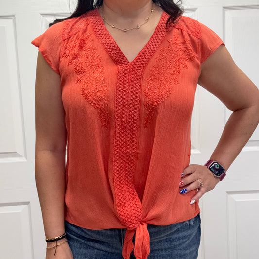 V Neck Tie Waist Top with Embroidery and Lace