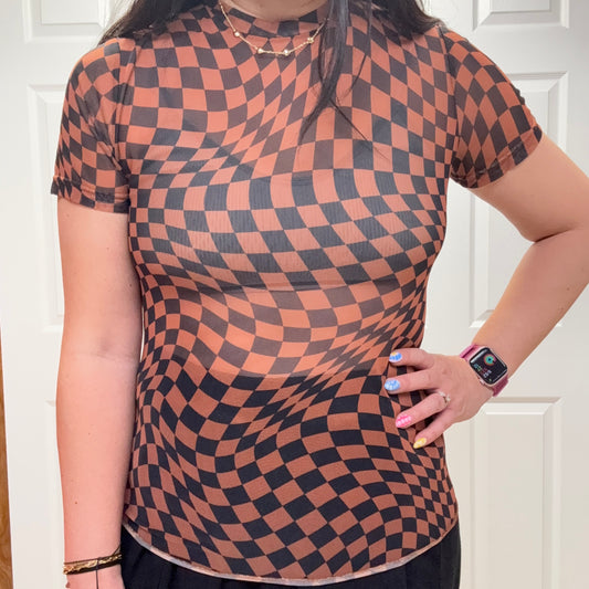 Black and Brown Checkerboard Printed Short Sleeve Mesh Top