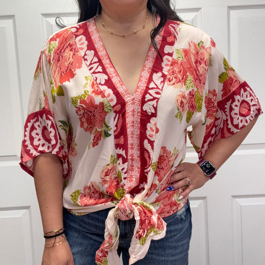 V Neck Kimono Sleeve Tie Waist Blouse