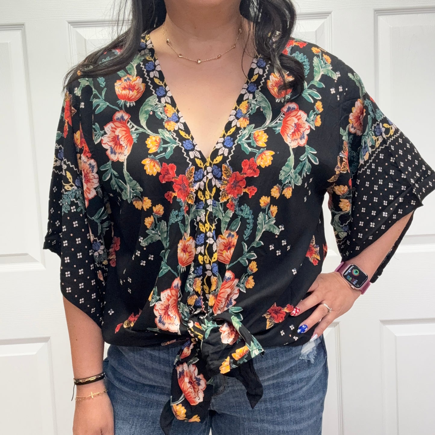 V Neck Kimono Sleeve Tie Waist Blouse