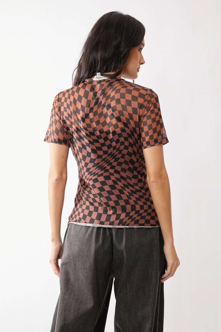 Black and Brown Checkerboard Printed Short Sleeve Mesh Top