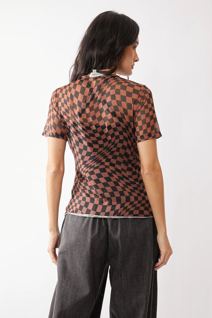 Black and Brown Checkerboard Printed Short Sleeve Mesh Top