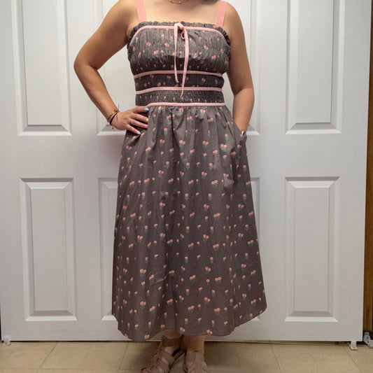 Contrast Velvet Tape Smocking Bodice Midi Dress