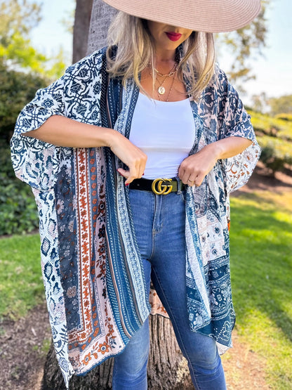 Lightweight Boho Patchwork Print Open Front Kimono