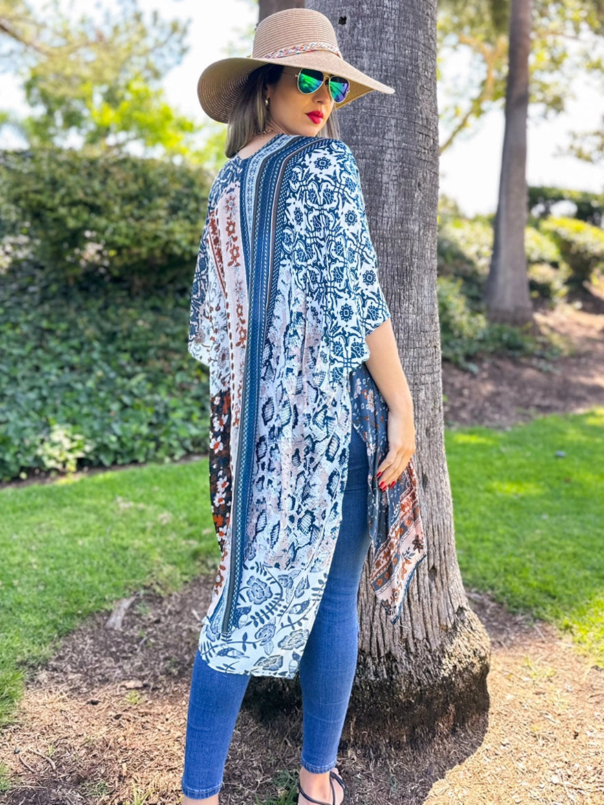 Lightweight Boho Patchwork Print Open Front Kimono