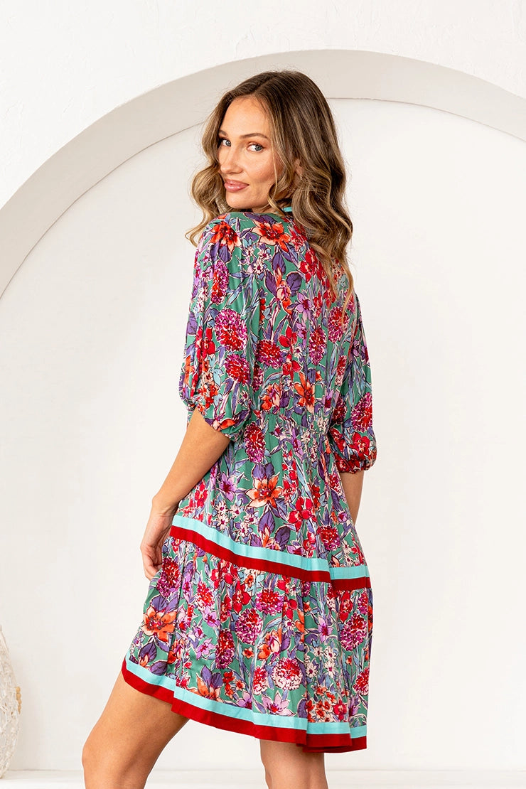 Floral Print Tiered Mini Dress with Puff Sleeves