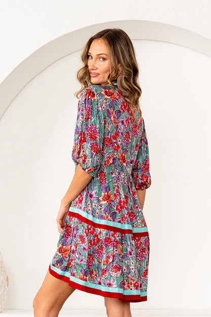 Floral Print Tiered Mini Dress with Puff Sleeves