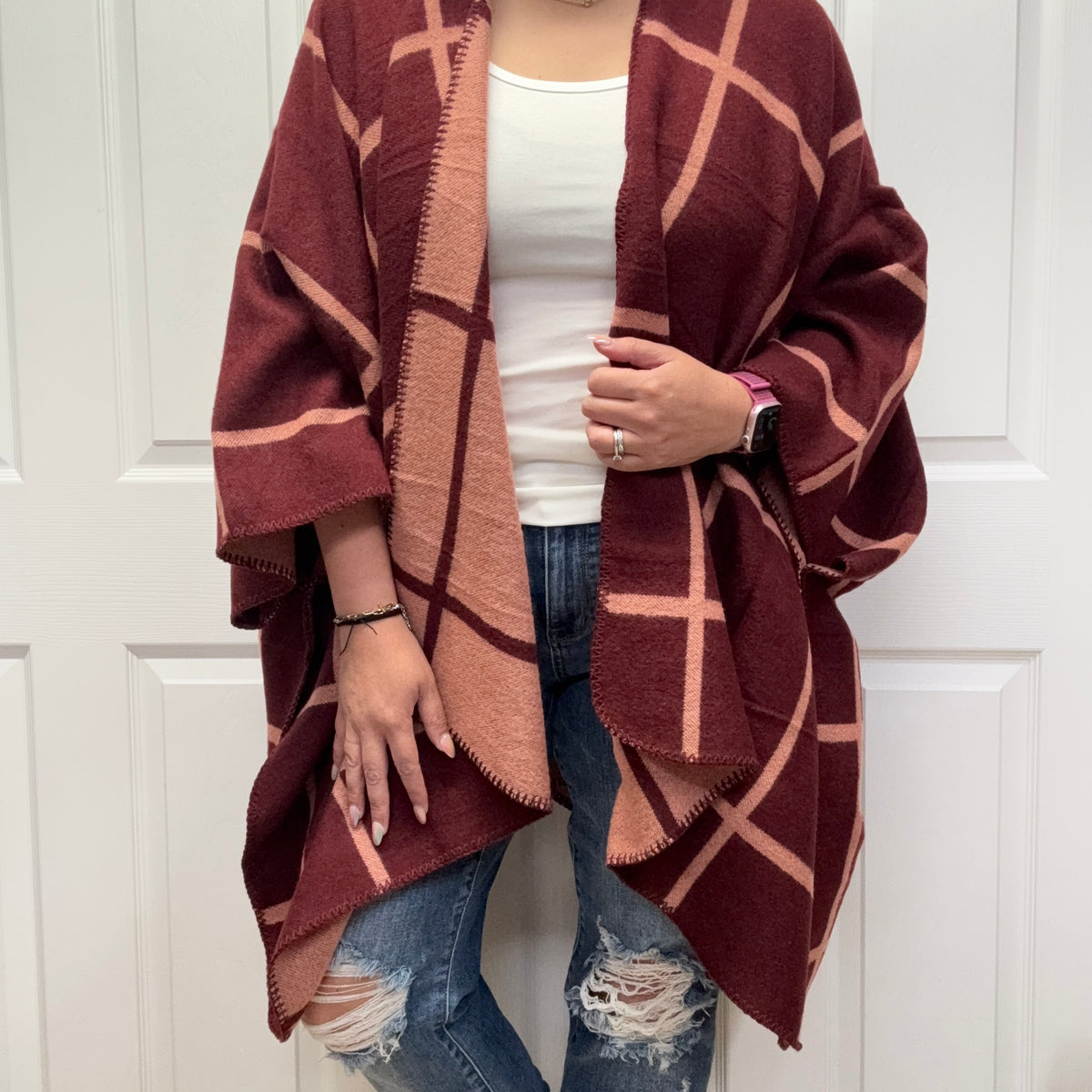 Dual-Tone Check Printed Cozy Reversible Ruana