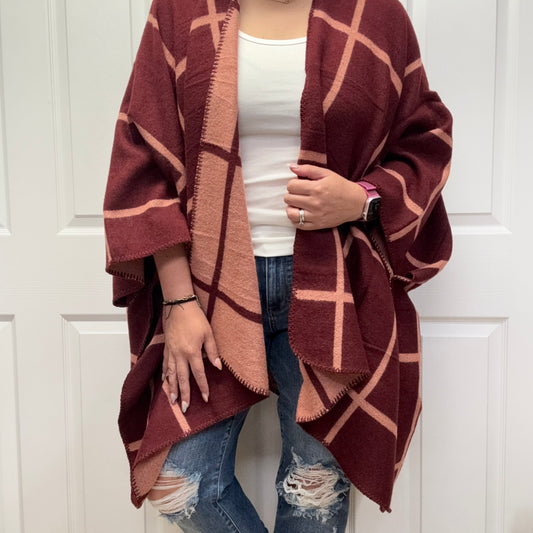 Dual-Tone Check Printed Cozy Reversible Ruana