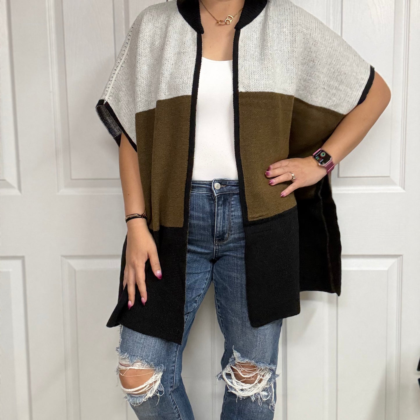 Multi Color Block Lightweight Knit Ruana Cardigan