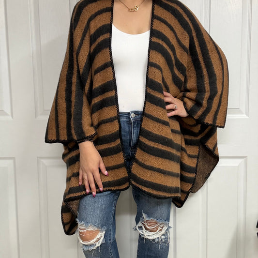 Brown Contemporary Stripe Knitted Ruana with Stitch Detail
